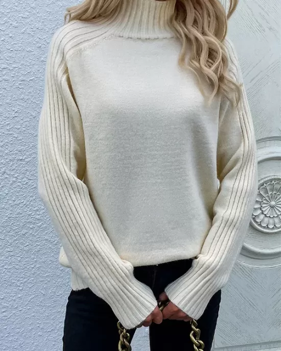 Stylish Long Sleeves Loose Solid Color High-Neck Sweater Tops