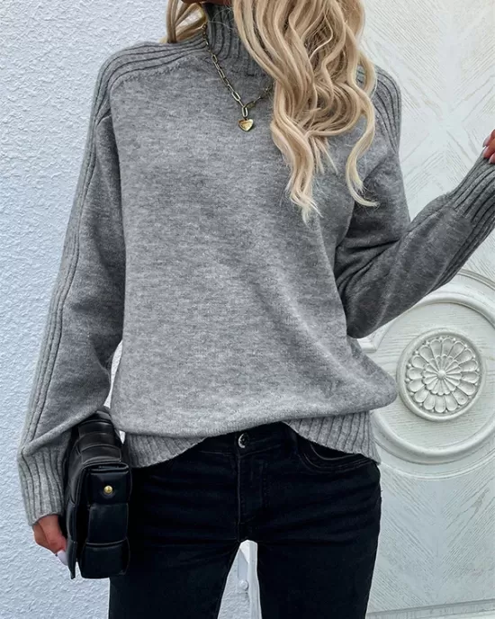 Stylish Long Sleeves Loose Solid Color High-Neck Sweater Tops