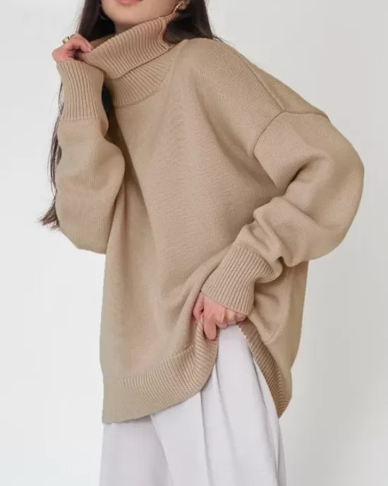 Casual Long Sleeves Loose Solid Color High-Neck Sweater Tops