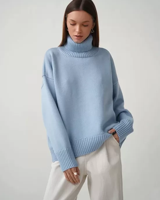 Casual Long Sleeves Loose Solid Color High-Neck Sweater Tops