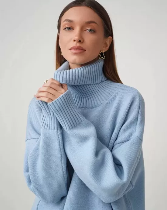 Casual Long Sleeves Loose Solid Color High-Neck Sweater Tops