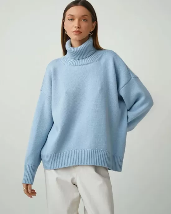 Casual Long Sleeves Loose Solid Color High-Neck Sweater Tops