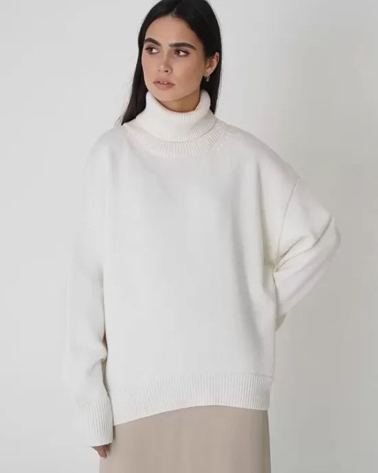 Casual Long Sleeves Loose Solid Color High-Neck Sweater Tops