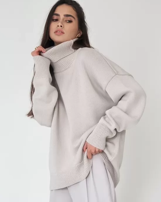 Casual Long Sleeves Loose Solid Color High-Neck Sweater Tops