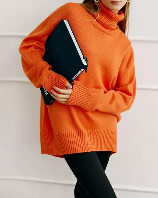 Casual Long Sleeves Loose Solid Color High-Neck Sweater Tops