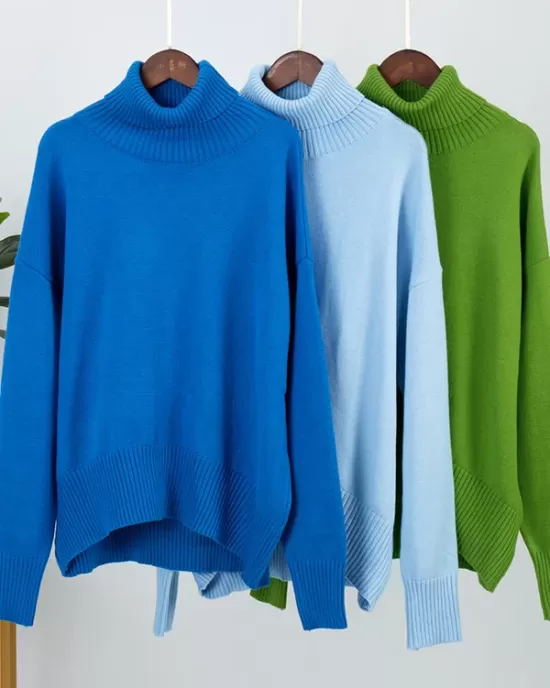 Casual Long Sleeves Loose Solid Color High-Neck Sweater Tops