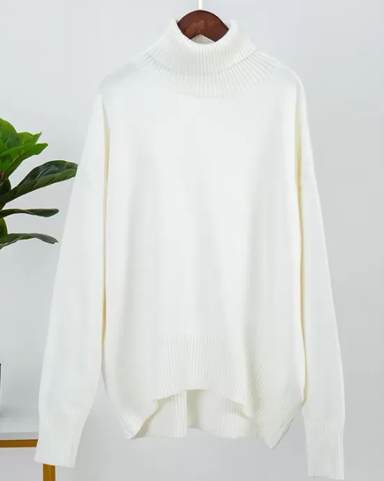 Casual Long Sleeves Loose Solid Color High-Neck Sweater Tops