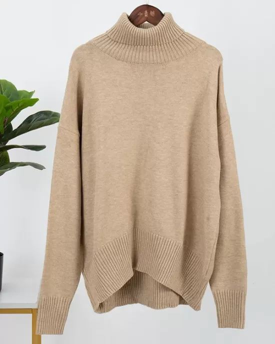 Casual Long Sleeves Loose Solid Color High-Neck Sweater Tops