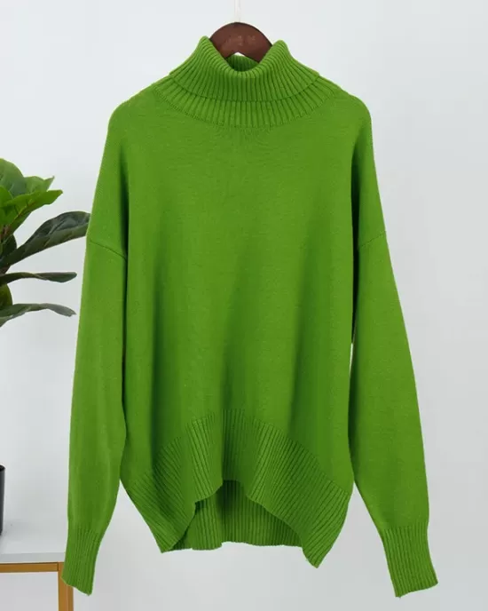 Casual Long Sleeves Loose Solid Color High-Neck Sweater Tops