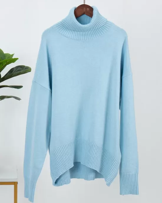 Casual Long Sleeves Loose Solid Color High-Neck Sweater Tops