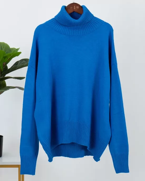 Casual Long Sleeves Loose Solid Color High-Neck Sweater Tops