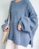 Stretch Mohair-Blend Balloon Sleeves Loose Solid Round-Neck Sweater Tops