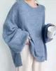 Stretch Mohair-Blend Balloon Sleeves Loose Solid Round-Neck Sweater Tops