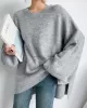 Stretch Mohair-Blend Balloon Sleeves Loose Solid Round-Neck Sweater Tops