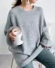 Stretch Mohair-Blend Balloon Sleeves Loose Solid Round-Neck Sweater Tops