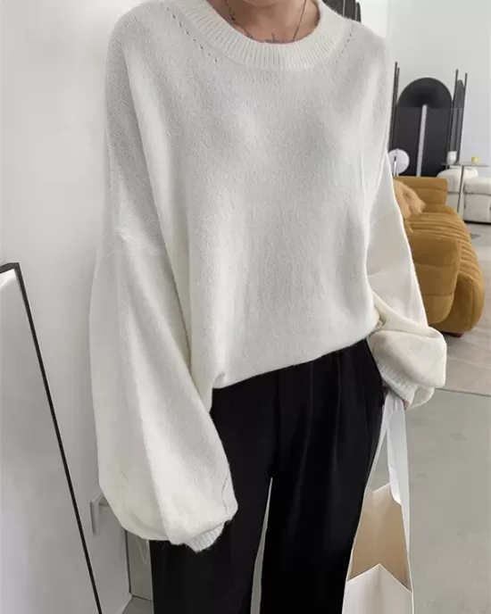 Stretch Mohair-Blend Balloon Sleeves Loose Solid Round-Neck Sweater Tops