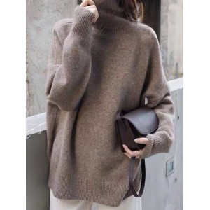 Casual Loose Long Sleeves Solid Color High-Neck Sweater Tops