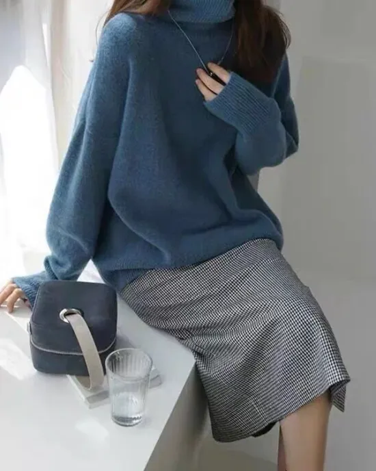 Casual Loose Long Sleeves Solid Color High-Neck Sweater Tops