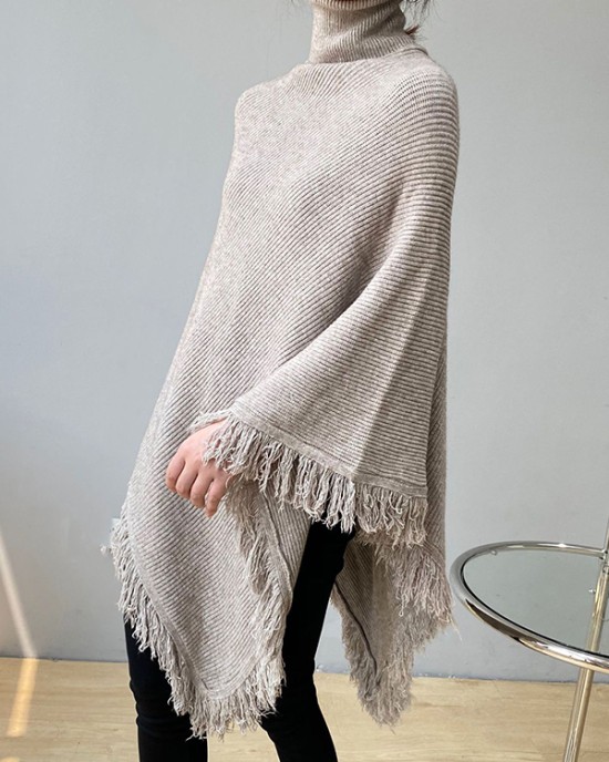 Casual Loose Tasseled Solid Color High-Neck Sweater Tops