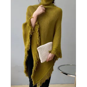 Casual Loose Tasseled Solid Color High-Neck Sweater Tops