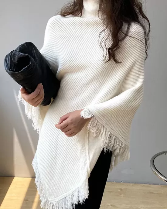 Casual Loose Tasseled Solid Color High-Neck Sweater Tops