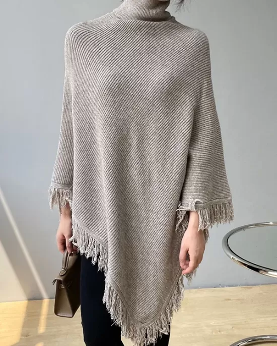 Casual Loose Tasseled Solid Color High-Neck Sweater Tops