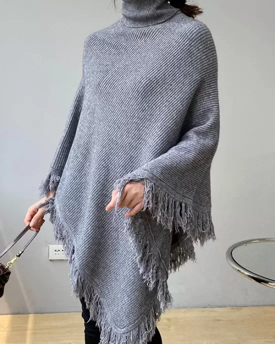 Casual Loose Tasseled Solid Color High-Neck Sweater Tops