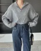 Simple Batwing Sleeves Long Sleeves Jacquard Solid Color Lapel Collar Sweater Tops