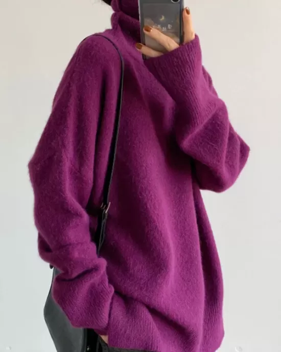 Casual Long Sleeves Loose Solid Color High-Neck Sweater Tops