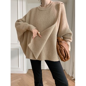 Irregularity Loose Solid Color Batwing Sleeves Round-Neck Sweater Tops