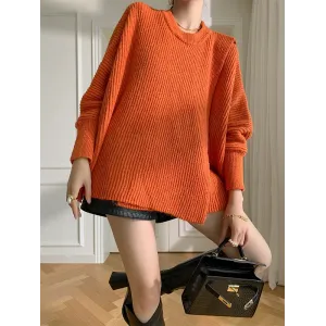 Irregularity Loose Solid Color Batwing Sleeves Round-Neck Sweater Tops