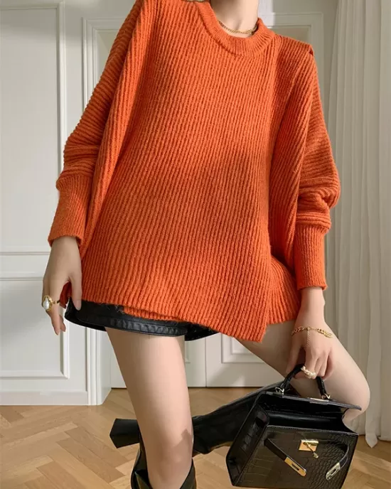 Irregularity Loose Solid Color Batwing Sleeves Round-Neck Sweater Tops