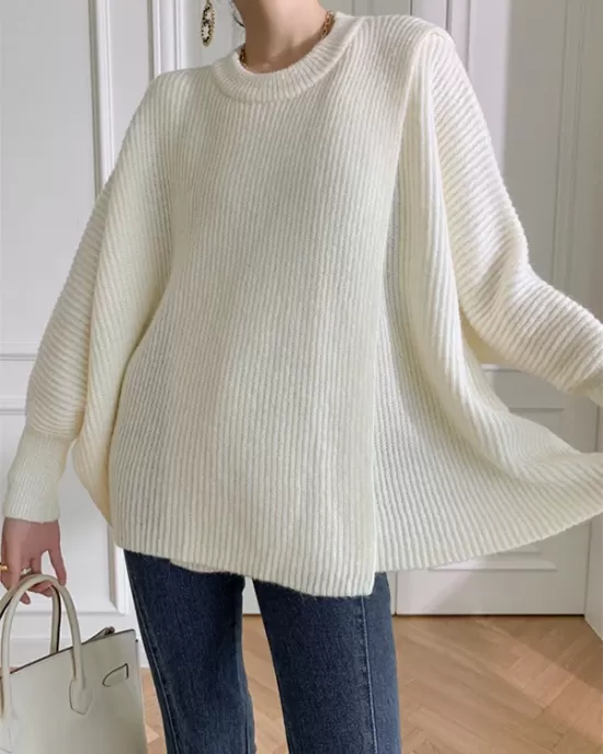 Irregularity Loose Solid Color Batwing Sleeves Round-Neck Sweater Tops