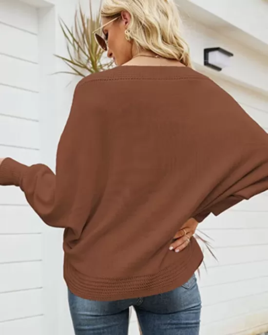 Loose Batwing Sleeves Twist Solid Color V-Neck Sweater Tops