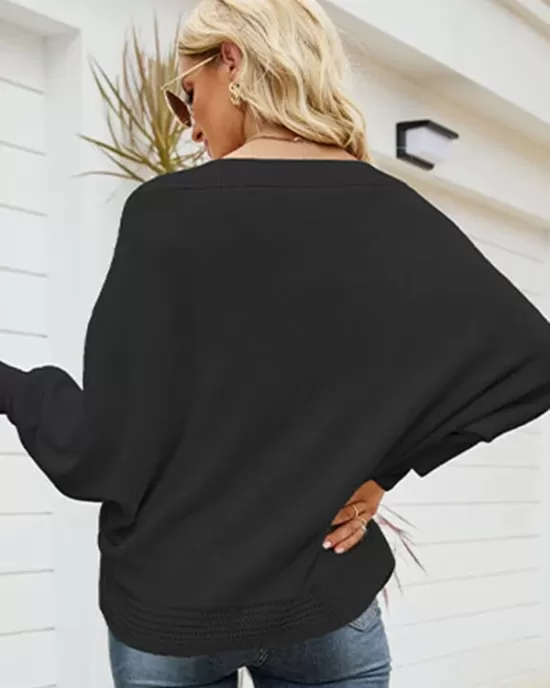 Loose Batwing Sleeves Twist Solid Color V-Neck Sweater Tops