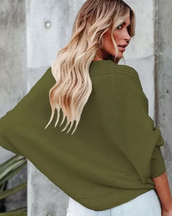 Loose Batwing Sleeves Twist Solid Color V-Neck Sweater Tops