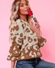 Urban Puff Sleeves Leopard Two-Tone Round-Neck Sweater Tops