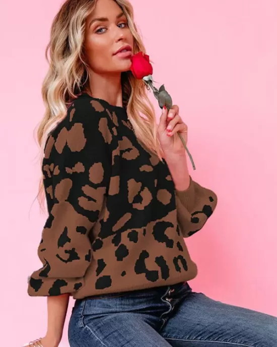 Urban Puff Sleeves Leopard Two-Tone Round-Neck Sweater Tops