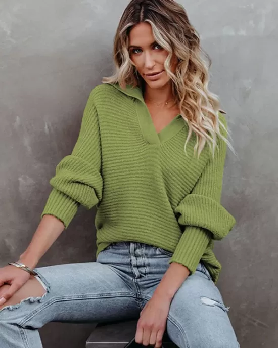 Long Sleeves Solid Color Lapel V-Neck Sweater Tops