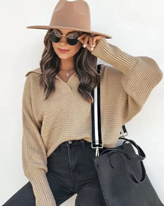 Long Sleeves Solid Color Lapel V-Neck Sweater Tops