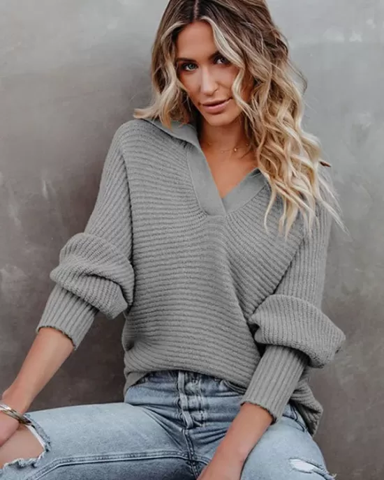 Long Sleeves Solid Color Lapel V-Neck Sweater Tops