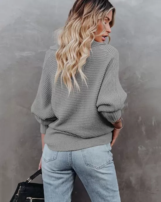 Long Sleeves Solid Color Lapel V-Neck Sweater Tops