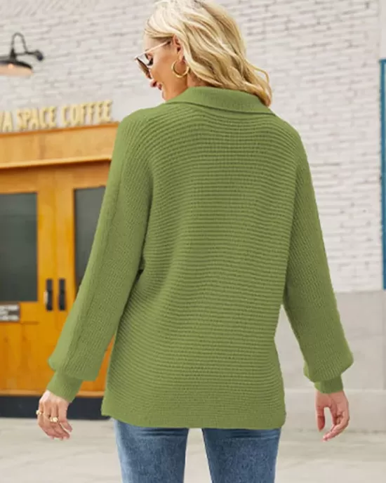 Long Sleeves Solid Color Lapel V-Neck Sweater Tops