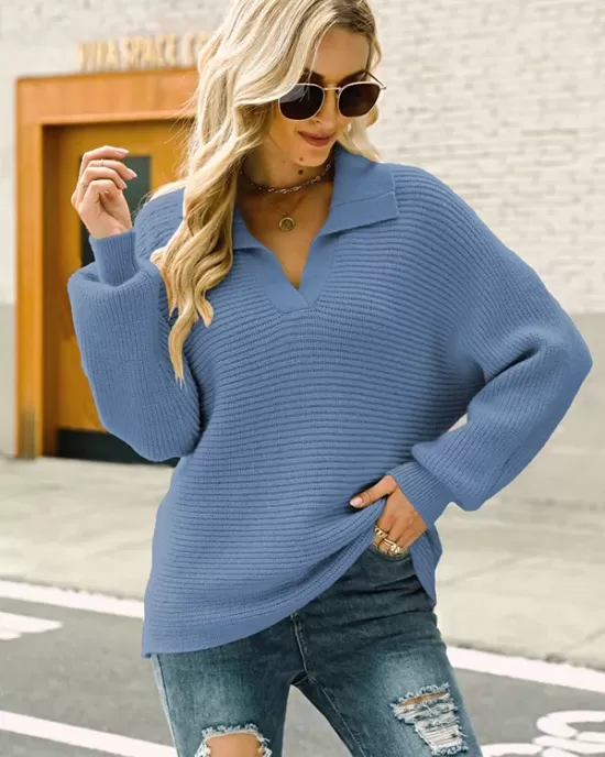 Long Sleeves Solid Color Lapel V-Neck Sweater Tops