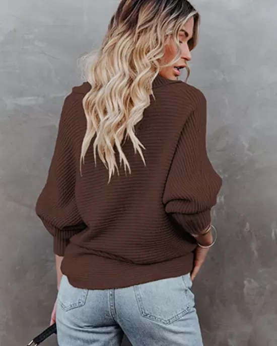 Long Sleeves Solid Color Lapel V-Neck Sweater Tops