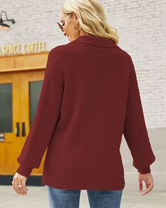 Long Sleeves Solid Color Lapel V-Neck Sweater Tops