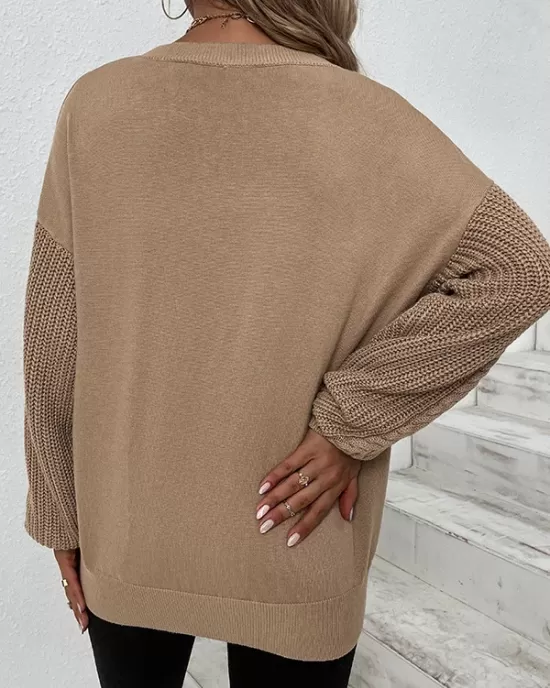 Knitted Twist Long Sleeves Solid Color Round-Neck Sweater Tops