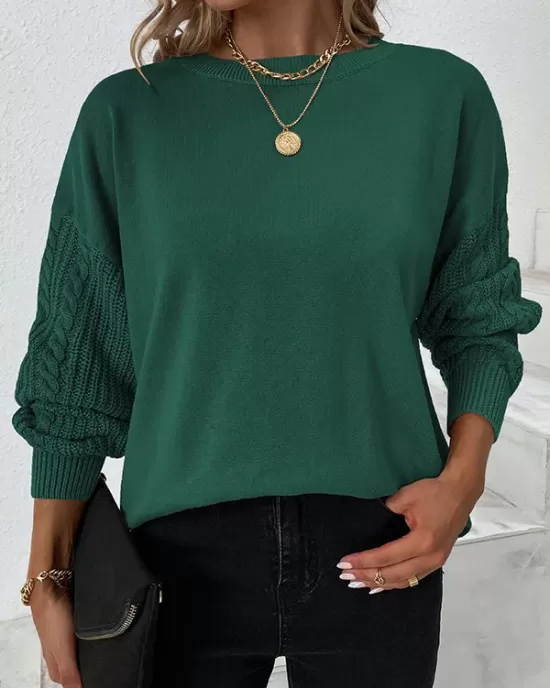 Knitted Twist Long Sleeves Solid Color Round-Neck Sweater Tops