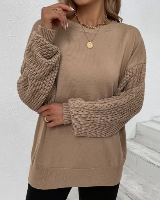 Knitted Twist Long Sleeves Solid Color Round-Neck Sweater Tops