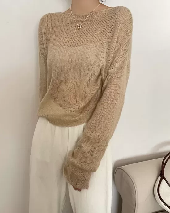 Gentle Mohair Knitted Loose Long Sleeves Solid Color Thin Sweater Tops